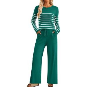 imageZESICA Womens 2 Piece Lounge Sets 2025 Fall Long Sleeve Striped Knit Fitted Tops Wide Leg Pants Pajama Sets OutfitsTeal