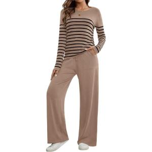 imageZESICA Womens 2 Piece Lounge Sets 2025 Fall Long Sleeve Striped Knit Fitted Tops Wide Leg Pants Pajama Sets OutfitsToffee