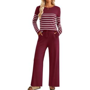 imageZESICA Womens 2 Piece Lounge Sets 2025 Fall Long Sleeve Striped Knit Fitted Tops Wide Leg Pants Pajama Sets OutfitsWine