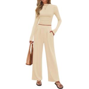 imageZESICA Womens 2 Piece Outfits Set 2025 Casual Long Sleeve Ruched Fitted Crop Top Wide Leg Pants Knit Lounge SetsApricot