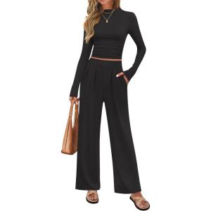 imageZESICA Womens 2 Piece Outfits Set 2025 Casual Long Sleeve Ruched Fitted Crop Top Wide Leg Pants Knit Lounge SetsBlack