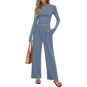 imageZESICA Womens 2 Piece Outfits Set 2025 Casual Long Sleeve Ruched Fitted Crop Top Wide Leg Pants Knit Lounge SetsBlue