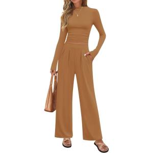 imageZESICA Womens 2 Piece Outfits Set 2025 Casual Long Sleeve Ruched Fitted Crop Top Wide Leg Pants Knit Lounge SetsBrown