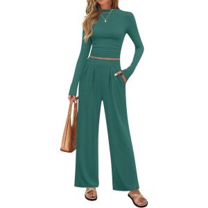 imageZESICA Womens 2 Piece Outfits Set 2025 Casual Long Sleeve Ruched Fitted Crop Top Wide Leg Pants Knit Lounge SetsGreen