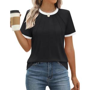 imageZESICA Womens Casual Short Sleeve Pleated Shirts 2025 Summer Dressy Crewneck Color Block TopsBlack