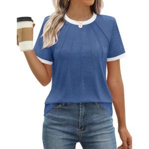 imageZESICA Womens Casual Short Sleeve Pleated Shirts 2025 Summer Dressy Crewneck Color Block TopsBlue