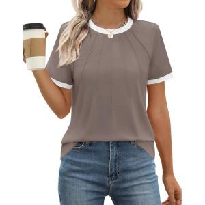imageZESICA Womens Casual Short Sleeve Pleated Shirts 2025 Summer Dressy Crewneck Color Block TopsCoffee Grey