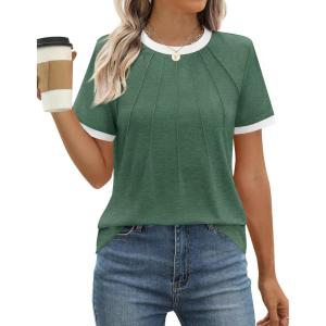 imageZESICA Womens Casual Short Sleeve Pleated Shirts 2025 Summer Dressy Crewneck Color Block TopsGreen