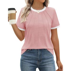 imageZESICA Womens Casual Short Sleeve Pleated Shirts 2025 Summer Dressy Crewneck Color Block TopsPink