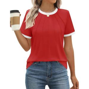 imageZESICA Womens Casual Short Sleeve Pleated Shirts 2025 Summer Dressy Crewneck Color Block TopsRed