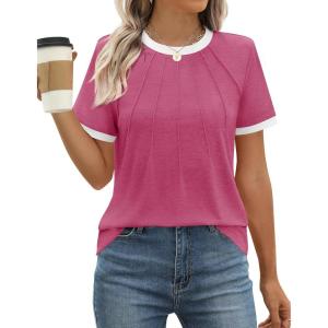 imageZESICA Womens Casual Short Sleeve Pleated Shirts 2025 Summer Dressy Crewneck Color Block TopsRose