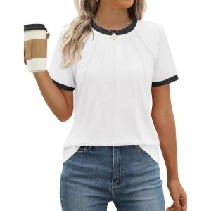 imageZESICA Womens Casual Short Sleeve Pleated Shirts 2025 Summer Dressy Crewneck Color Block TopsWhite