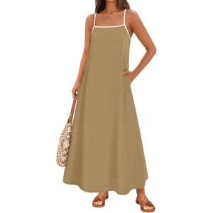 imageZESICA Womens 2025 Summer Boho Sleeveless Maxi Dress Spaghetti Straps Casual Flowy A Line Beach Party Long DressesKhaki