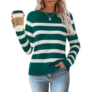 imageZESICA Womens Long Sleeve Lightweight Striped Tops Fall Crewneck Ribbed Knit ShirtsGreen