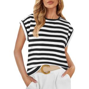 imageZESICA Womens Summer Cap Sleeve Crewneck Crop Tops Casual Loose Striped TShirts Basic TeesBlack