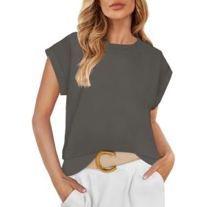 imageZESICA Womens Summer Cap Sleeve Crewneck Crop Tops Casual Loose Striped TShirts Basic TeesDarkgrey
