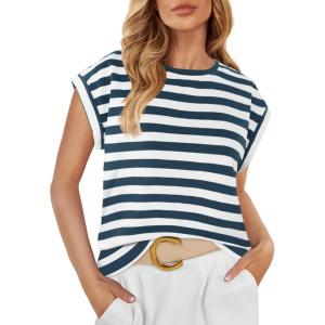 imageZESICA Womens Summer Cap Sleeve Crewneck Crop Tops Casual Loose Striped TShirts Basic TeesDustyblue