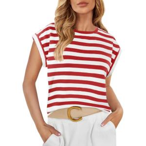 imageZESICA Womens Summer Cap Sleeve Crewneck Crop Tops Casual Loose Striped TShirts Basic TeesFreshred