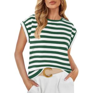 imageZESICA Womens Summer Cap Sleeve Crewneck Crop Tops Casual Loose Striped TShirts Basic TeesGreen