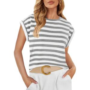 imageZESICA Womens Summer Cap Sleeve Crewneck Crop Tops Casual Loose Striped TShirts Basic TeesGrey