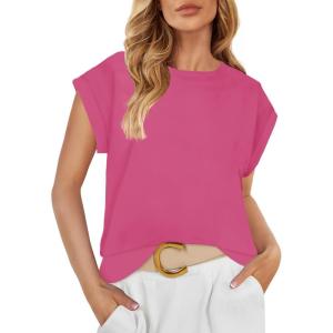 imageZESICA Womens Summer Cap Sleeve Crewneck Crop Tops Casual Loose Striped TShirts Basic TeesHotpink