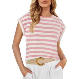 imageZESICA Womens Summer Cap Sleeve Crewneck Crop Tops Casual Loose Striped TShirts Basic TeesPink