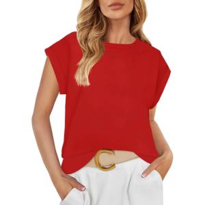 imageZESICA Womens Summer Cap Sleeve Crewneck Crop Tops Casual Loose Striped TShirts Basic TeesRed