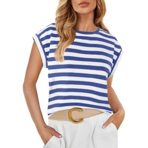 imageZESICA Womens Summer Cap Sleeve Crewneck Crop Tops Casual Loose Striped TShirts Basic TeesRoyalblue