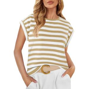 imageZESICA Womens Summer Cap Sleeve Crewneck Crop Tops Casual Loose Striped TShirts Basic TeesToffee