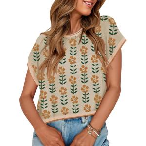 imageZESICA Womens Summer Floral Knit Tops Cap Sleeve Crew Neck Casual Comfy Sweaters 2025 Trendy Clothes OutfitsApricot