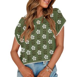 imageZESICA Womens Summer Floral Knit Tops Cap Sleeve Crew Neck Casual Comfy Sweaters 2025 Trendy Clothes OutfitsDustygreen