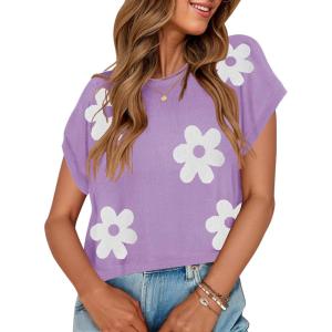 imageZESICA Womens Summer Floral Knit Tops Cap Sleeve Crew Neck Casual Comfy Sweaters 2025 Trendy Clothes OutfitsPurple