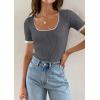 imageZESICA Womens 2025 Short Sleeve Square Neck T Shirts Slim Fitted Summer Ribbed Knit Basic Casual Tee TopsDarkgrey