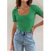 imageZESICA Womens 2025 Short Sleeve Square Neck T Shirts Slim Fitted Summer Ribbed Knit Basic Casual Tee TopsGreen