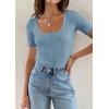 imageZESICA Womens 2025 Short Sleeve Square Neck T Shirts Slim Fitted Summer Ribbed Knit Basic Casual Tee TopsLightblue