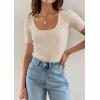 imageZESICA Womens 2025 Short Sleeve Square Neck T Shirts Slim Fitted Summer Ribbed Knit Basic Casual Tee TopsSand