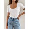 imageZESICA Womens 2025 Short Sleeve Square Neck T Shirts Slim Fitted Summer Ribbed Knit Basic Casual Tee TopsWhite