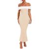 imageZESICA Womens 2025 Summer Off The Shoulder Bodycon Dresses Sleeveless Color Block Knit Cocktail Party Midi DressApricot