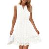 imageZESICA Womens Summer Sleeveless Mini Dress V Neck Hollow Out Eyelet High Waist A Line Swing Short Party DressesWhite