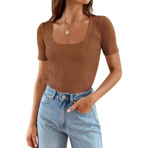 imageZESICA Womens 2025 Short Sleeve Square Neck T Shirts Slim Fitted Summer Ribbed Knit Basic Casual Tee TopsBrown