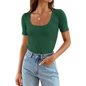 imageZESICA Womens 2025 Short Sleeve Square Neck T Shirts Slim Fitted Summer Ribbed Knit Basic Casual Tee TopsDarkgreen