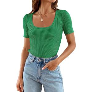 imageZESICA Womens 2025 Short Sleeve Square Neck T Shirts Slim Fitted Summer Ribbed Knit Basic Casual Tee TopsGreen