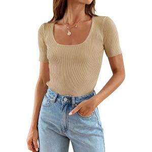 imageZESICA Womens 2025 Short Sleeve Square Neck T Shirts Slim Fitted Summer Ribbed Knit Basic Casual Tee TopsNude