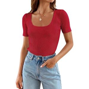 imageZESICA Womens 2025 Short Sleeve Square Neck T Shirts Slim Fitted Summer Ribbed Knit Basic Casual Tee TopsRed