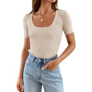imageZESICA Womens 2025 Short Sleeve Square Neck T Shirts Slim Fitted Summer Ribbed Knit Basic Casual Tee TopsSand