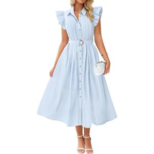 imageZESICA Womens 2025 Summer Boho Button Midi Dresses Casual V Neck Flutter Sleeve Belted Long Dresses with PocketsLight Blue