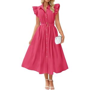 imageZESICA Womens 2025 Summer Boho Button Midi Dresses Casual V Neck Flutter Sleeve Belted Long Dresses with PocketsRose Pink