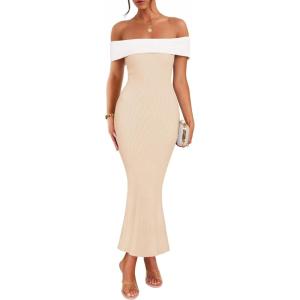 imageZESICA Womens 2025 Summer Off The Shoulder Bodycon Dresses Sleeveless Color Block Knit Cocktail Party Midi DressApricot