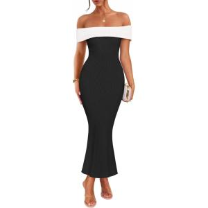 imageZESICA Womens 2025 Summer Off The Shoulder Bodycon Dresses Sleeveless Color Block Knit Cocktail Party Midi DressBlack