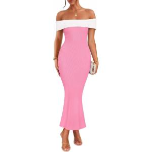 imageZESICA Womens 2025 Summer Off The Shoulder Bodycon Dresses Sleeveless Color Block Knit Cocktail Party Midi DressPink